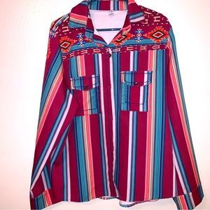 Miss look 4XL Serape Stripe Print Button Down Cotton Polyester Blouse💜